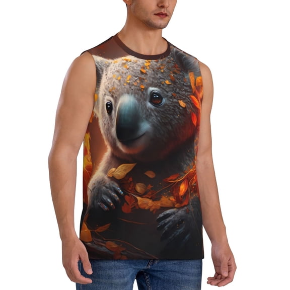 Fotbe Men's Cute Maple Leaf Koala Print Men's Sleeveless Muscle Tank Tops Casual T-Shirts for Gym Workout Beach-XX-Large