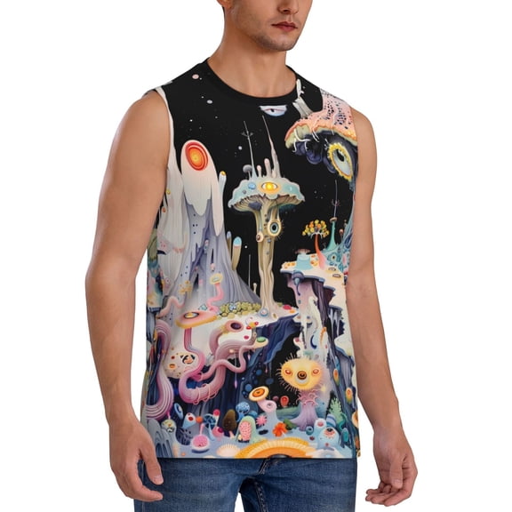 Fotbe Men's Cute Mushroom Landscape Print Men's Sleeveless Muscle Tank Tops Casual T-Shirts for Gym Workout Beach-Small
