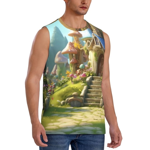 Fotbe Men's Cute Mushroom Town A Print Men's Sleeveless Muscle Tank Tops Casual T-Shirts for Gym Workout Beach-Large