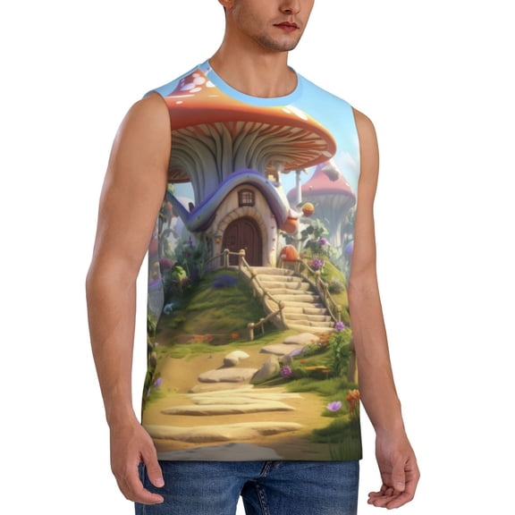 Fotbe Men's Cute Mushroom Town Print Men's Sleeveless Muscle Tank Tops Casual T-Shirts for Gym Workout Beach-Medium