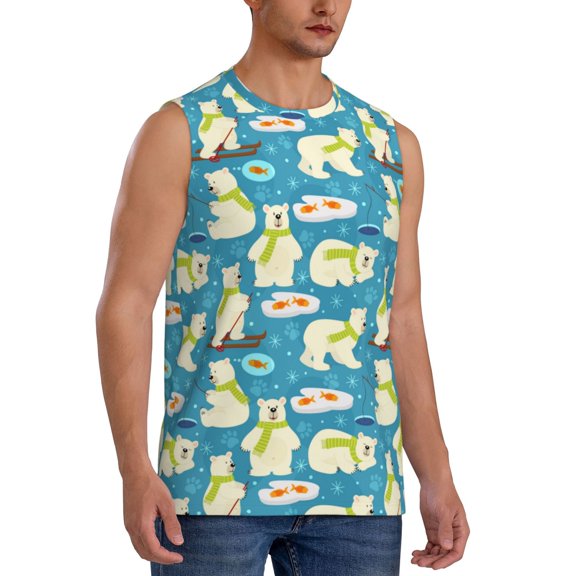 Fotbe Men's Cute Polar Bear Fishing Print Men's Sleeveless Muscle Tank Tops Casual T-Shirts for Gym Workout Beach-X-Large
