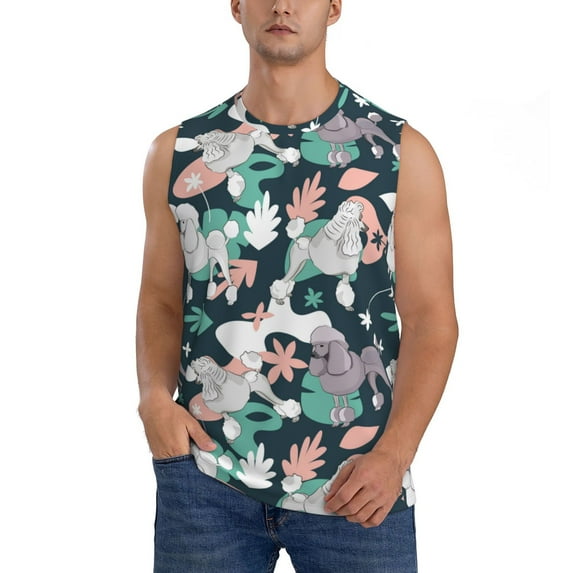 Fotbe Men's Cute Poodle Dog Print Men's Sleeveless Muscle Tank Tops Casual T-Shirts for Gym Workout Beach-Large