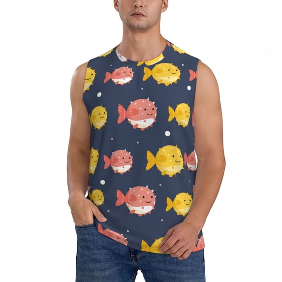 Fotbe Men's Cute Puffer Fish Print Men's Sleeveless Muscle Tank Tops Casual T-Shirts for Gym Workout Beach-Small