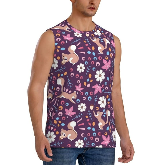 Fotbe Men's Cute Squirrel Floral Print Men's Sleeveless Muscle Tank Tops Casual T-Shirts for Gym Workout Beach-Small