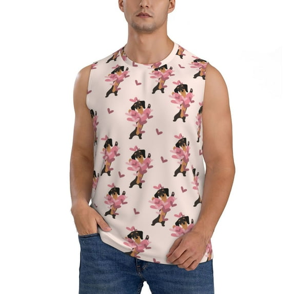 Fotbe Men's Dachshund Dog Heart Print Men's Sleeveless Muscle Tank Tops Casual T-Shirts for Gym Workout Beach-X-Large