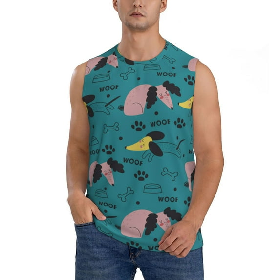 Fotbe Men's Dachshund Dog Print Men's Sleeveless Muscle Tank Tops Casual T-Shirts for Gym Workout Beach-Small