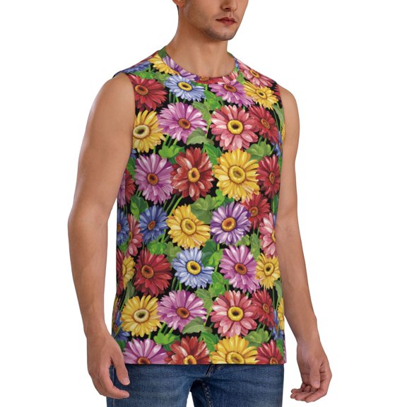 Fotbe Men's Daisies Flowers Print Men's Sleeveless Muscle Tank Tops Casual T-Shirts for Gym Workout Beach-3X-Large
