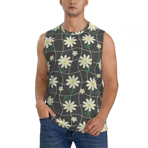 Fotbe Men's Daisies Flowers Print Men's Sleeveless Muscle Tank Tops Casual T-Shirts for Gym Workout Beach-3X-Large