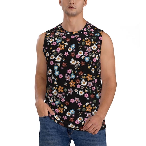 Fotbe Men's Daisies Flowers Print Men's Sleeveless Muscle Tank Tops Casual T-Shirts for Gym Workout Beach-Large