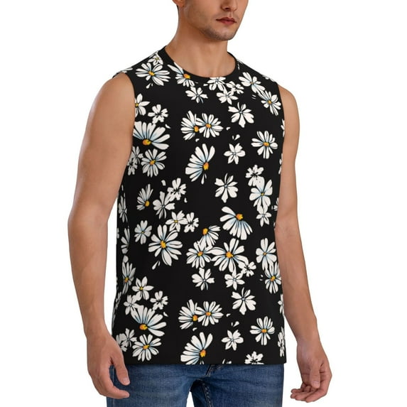 Fotbe Men's Daisies Flowers Print Men's Sleeveless Muscle Tank Tops Casual T-Shirts for Gym Workout Beach-XX-Large