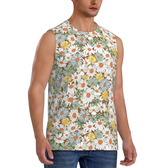 Fotbe Men's Daisy Print Men's Sleeveless Muscle Tank Tops Casual T-Shirts for Gym Workout Beach-X-Large