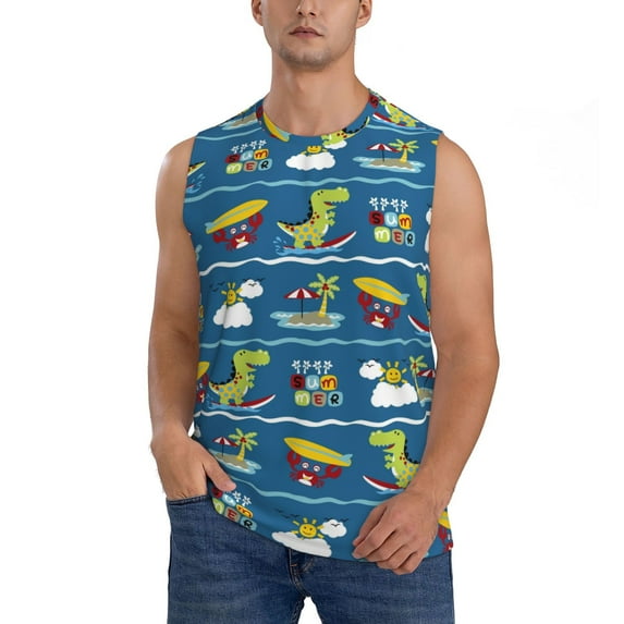 Fotbe Men's Dinosaur on the Beach Vacation Print Men's Sleeveless Muscle Tank Tops Casual T-Shirts for Gym Workout Beach-3X-Large