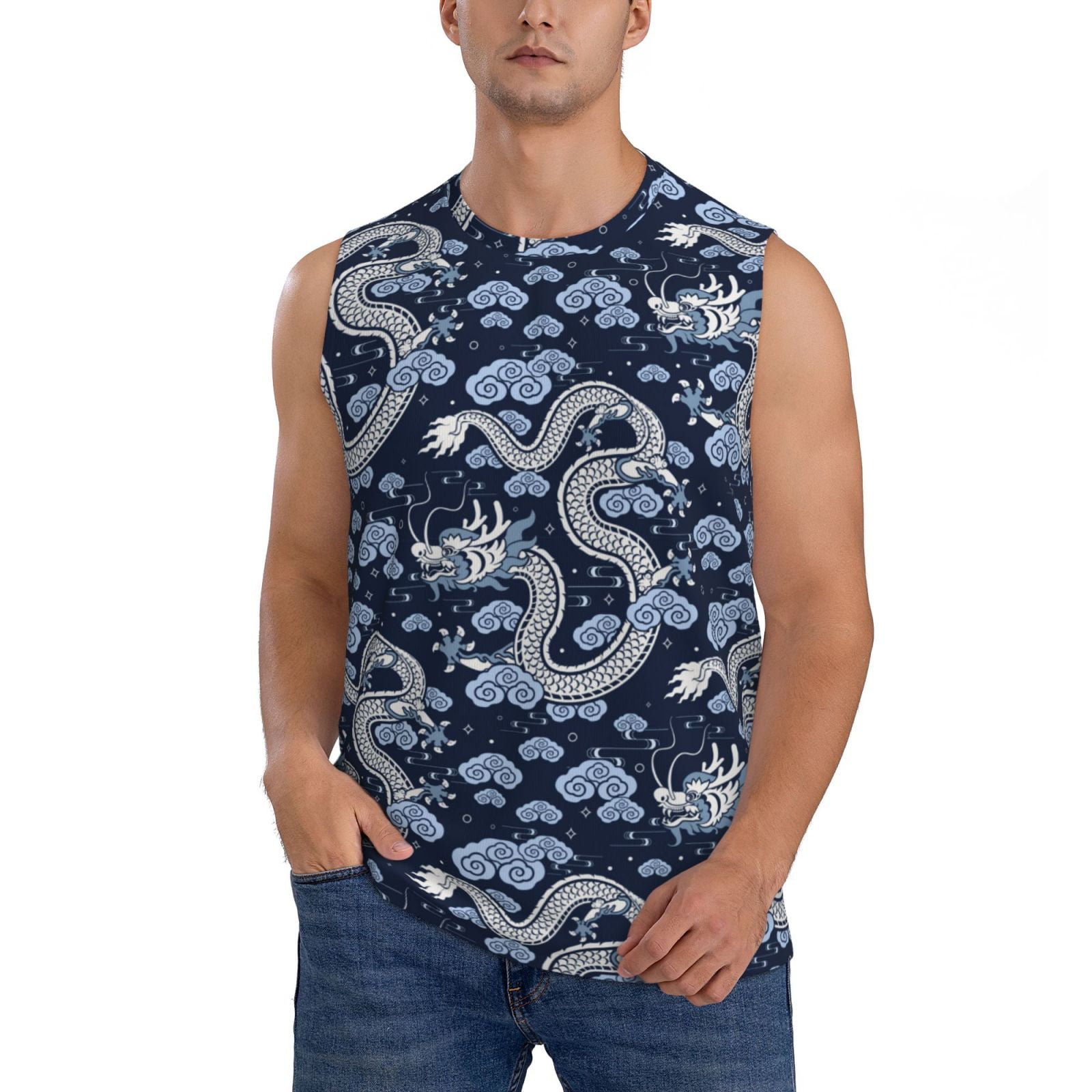 Fotbe Men's Dragon Print Men's Sleeveless Muscle Tank Tops Casual T