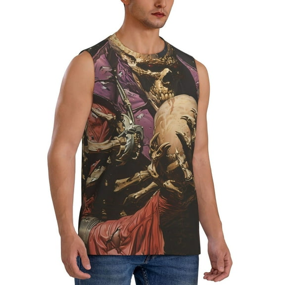 Fotbe Men's Eerie Skull Holding Another Print Men's Sleeveless Muscle Tank Tops Casual T-Shirts for Gym Workout Beach-Large