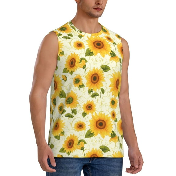 Fotbe Men's European-style Pattern Sunflower Print Men's Sleeveless Muscle Tank Tops Casual T-Shirts for Gym Workout Beach-XX-Large