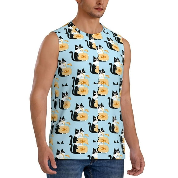 Fotbe Men's FUNNY CAT IS DRINKING WATER Print Men's Sleeveless Muscle Tank Tops Casual T-Shirts for Gym Workout Beach-Small