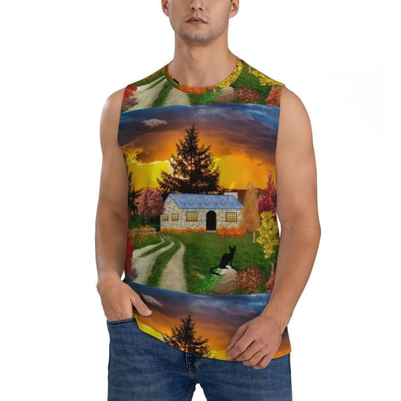 Fotbe Men's Fall Village Scenery Print Men's Sleeveless Muscle Tank Tops Casual T-Shirts for Gym Workout Beach-3X-Large