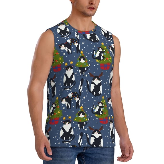 Fotbe Men's Festive Cats and Trees Print Men's Sleeveless Muscle Tank Tops Casual T-Shirts for Gym Workout Beach-Medium