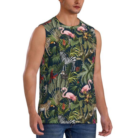 Fotbe Men's Flamingos And Palm Leaves Print Men's Sleeveless Muscle Tank Tops Casual T-Shirts for Gym Workout Beach-Large