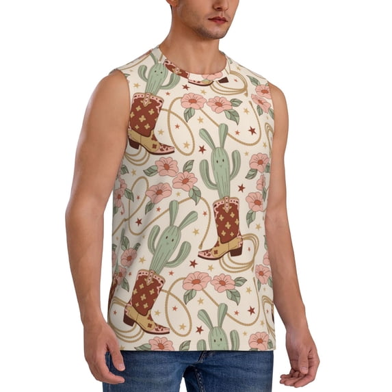 Fotbe Men's Floral Cowboy Boots Print Men's Sleeveless Muscle Tank Tops Casual T-Shirts for Gym Workout Beach-Small