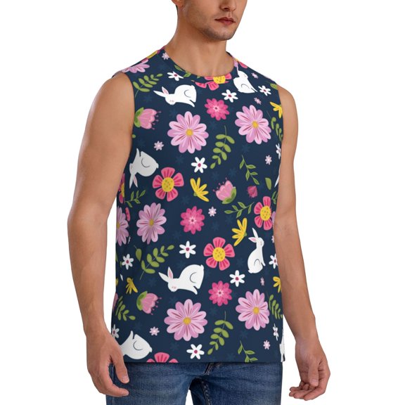 Fotbe Men's Floral Rabbit Print Men's Sleeveless Muscle Tank Tops Casual T-Shirts for Gym Workout Beach-3X-Large