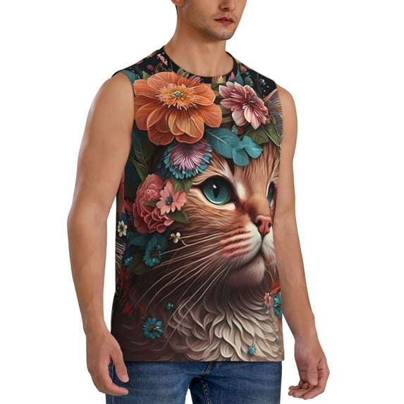 Fotbe Men's Flower Crown Cat Print Men's Sleeveless Muscle Tank Tops Casual T-Shirts for Gym Workout Beach-Medium