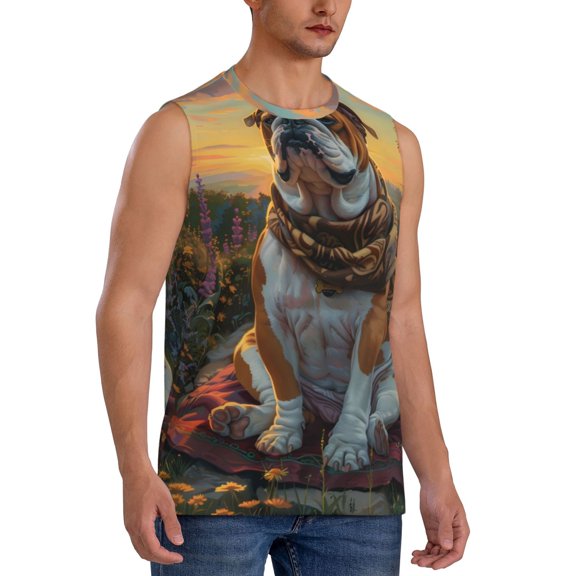 Fotbe Men's Flower Field Cute Bulldog Print Men's Sleeveless Muscle Tank Tops Casual T-Shirts for Gym Workout Beach-Small