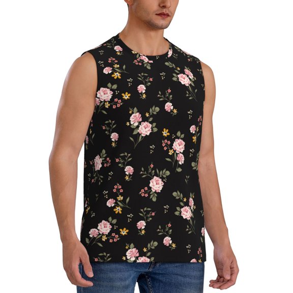 Fotbe Men's Flowers Print Men's Sleeveless Muscle Tank Tops Casual T-Shirts for Gym Workout Beach-Large