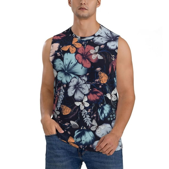 Fotbe Men's Flowers ad Butterflies Print Men's Sleeveless Muscle Tank Tops Casual T-Shirts for Gym Workout Beach-Small