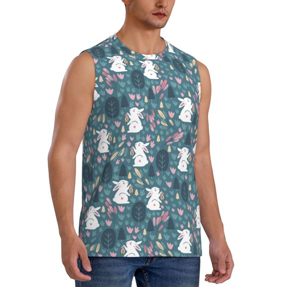 Fotbe Men's Forest Rabbit Print Men's Sleeveless Muscle Tank Tops Casual T-Shirts for Gym Workout Beach-3X-Large