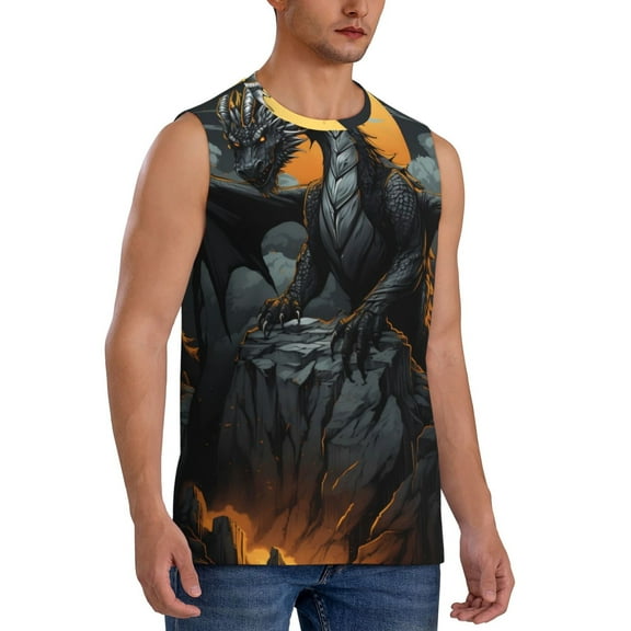 Fotbe Men's Full Moon Black Dragon Print Men's Sleeveless Muscle Tank Tops Casual T-Shirts for Gym Workout Beach-Small