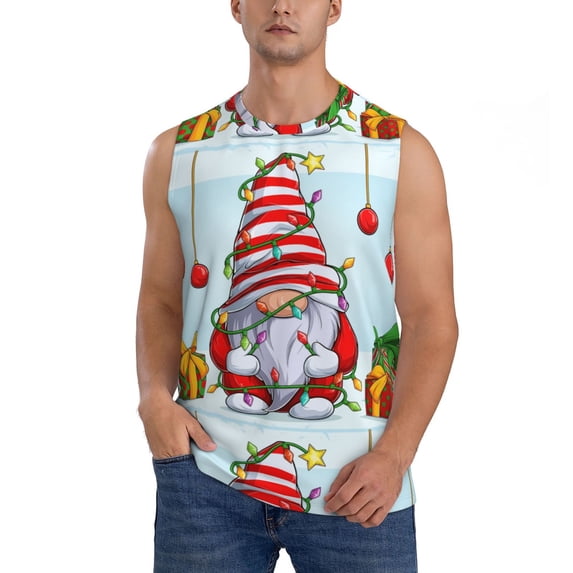 Fotbe Men's Funny Christmas Gnome Print Men's Sleeveless Muscle Tank Tops Casual T-Shirts for Gym Workout Beach-3X-Large