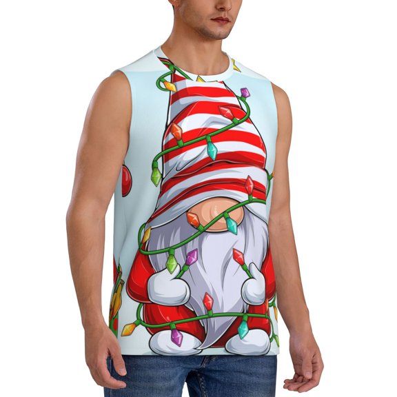 Fotbe Men's Funny Christmas Gnome Print Men's Sleeveless Muscle Tank Tops Casual T-Shirts for Gym Workout Beach-3X-Large