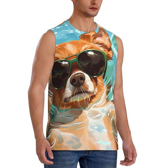 Fotbe Men's Funny Swimming Chihuahua Print Men's Sleeveless Muscle Tank Tops Casual T-Shirts for Gym Workout Beach-Small