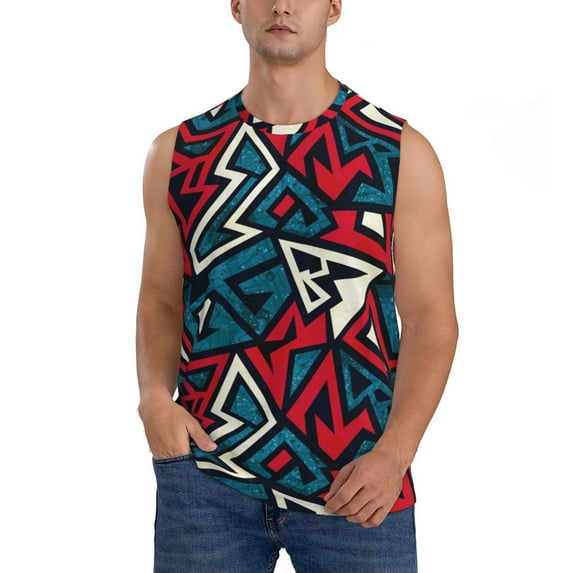 Fotbe Men's Geometric Elements Print Men's Sleeveless Muscle Tank Tops Casual T-Shirts for Gym Workout Beach-Medium