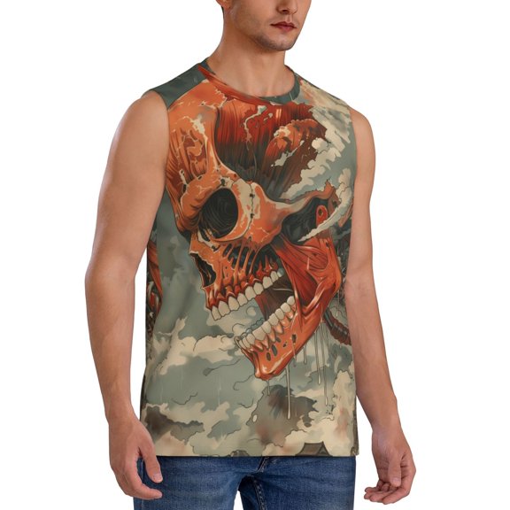Fotbe Men's Gigantic Skull In Clouds Print Men's Sleeveless Muscle Tank Tops Casual T-Shirts for Gym Workout Beach-Medium