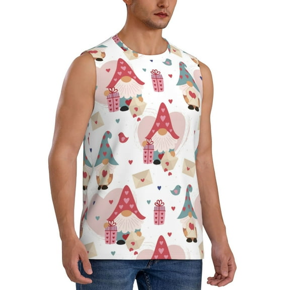 Fotbe Men's Gnome With Love Letter Print Men's Sleeveless Muscle Tank Tops Casual T-Shirts for Gym Workout Beach-XX-Large