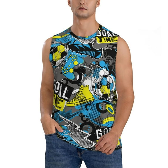 Fotbe Men's Goal Time Print Men's Sleeveless Muscle Tank Tops Casual T-Shirts for Gym Workout Beach-X-Large