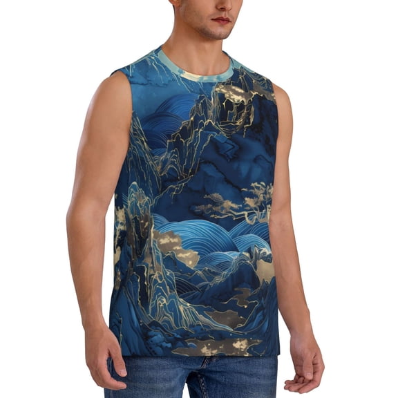 Fotbe Men's Golden Blue Mountains Print Men's Sleeveless Muscle Tank Tops Casual T-Shirts for Gym Workout Beach-Medium