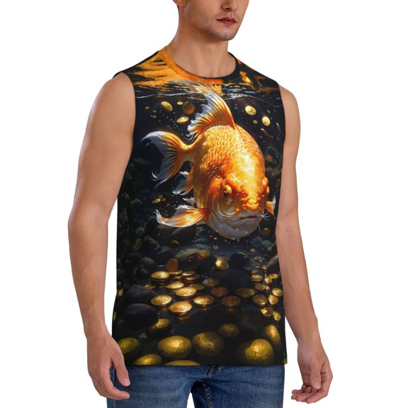 Fotbe Men's Golden Koi And Treasure Print Men's Sleeveless Muscle Tank Tops Casual T-Shirts for Gym Workout Beach-Large