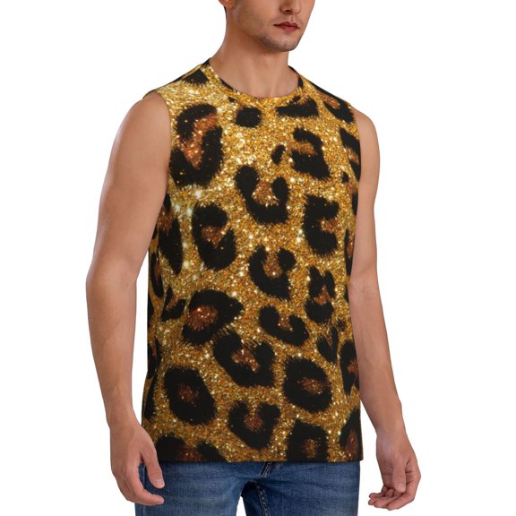 Fotbe Men's Golden Leopard Glitter Print Men's Sleeveless Muscle Tank Tops Casual T-Shirts for Gym Workout Beach-Medium