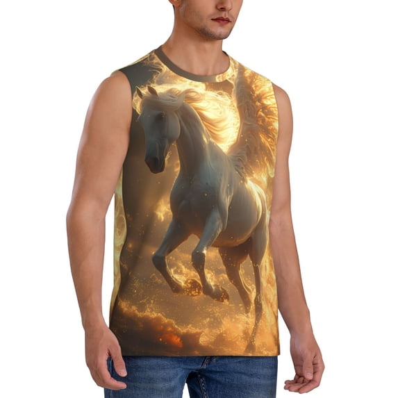 Fotbe Men's Golden Winged White Horse Print Men's Sleeveless Muscle Tank Tops Casual T-Shirts for Gym Workout Beach-3X-Large