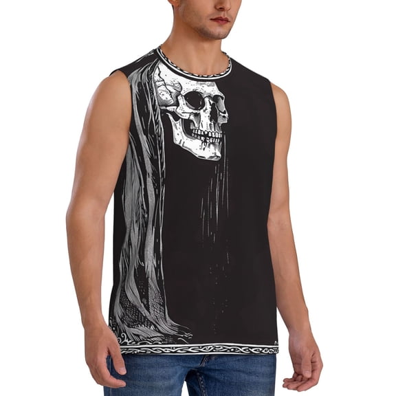 Fotbe Men's Gothic Skull Drape Print Men's Sleeveless Muscle Tank Tops Casual T-Shirts for Gym Workout Beach-Small