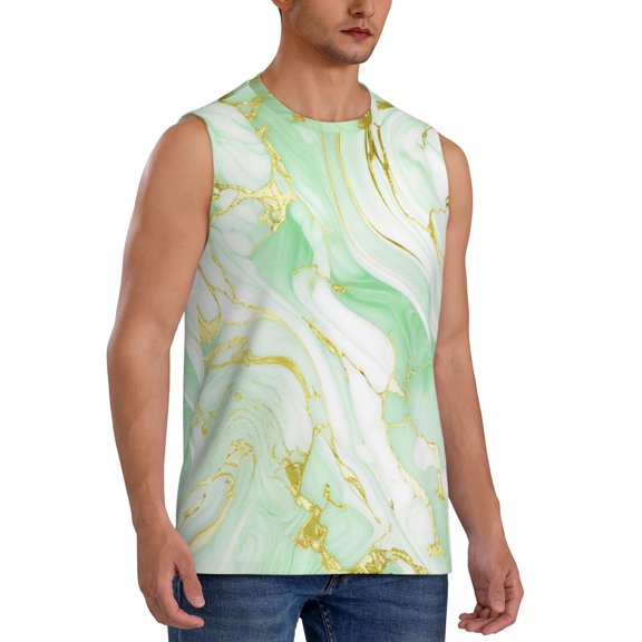 Fotbe Men's Green And Gold Abstract Marble Print Men's Sleeveless Muscle Tank Tops Casual T-Shirts for Gym Workout Beach-Large
