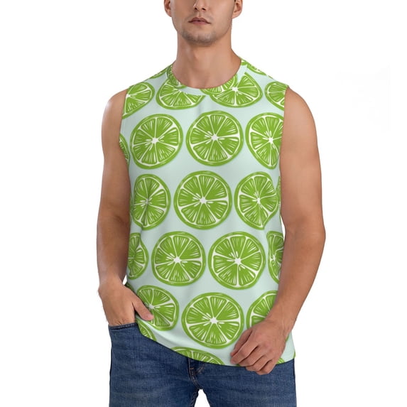 Fotbe Men's Green Lemon Slices Print Men's Sleeveless Muscle Tank Tops Casual T-Shirts for Gym Workout Beach-Small