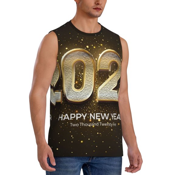 Fotbe Men's Happy New Year 2025 E Print Men's Sleeveless Muscle Tank Tops Casual T-Shirts for Gym Workout Beach-XX-Large