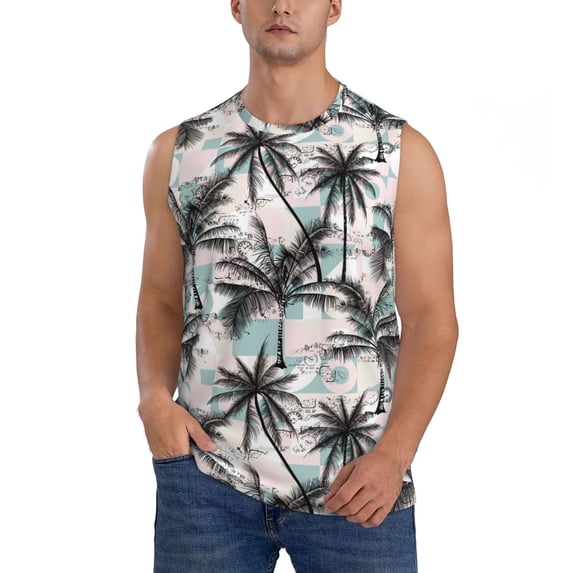 Fotbe Men's Hawaii Palms Print Men's Sleeveless Muscle Tank Tops Casual T-Shirts for Gym Workout Beach-3X-Large