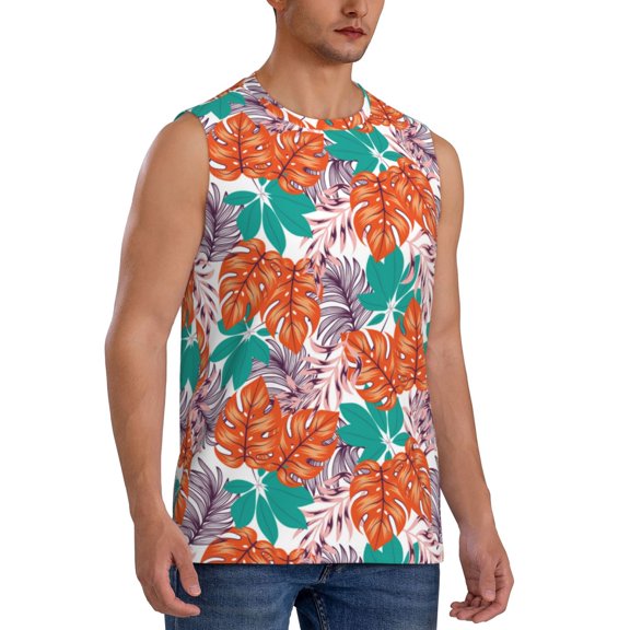 Fotbe Men's Hawaiian Style Print Men's Sleeveless Muscle Tank Tops Casual T-Shirts for Gym Workout Beach-Small