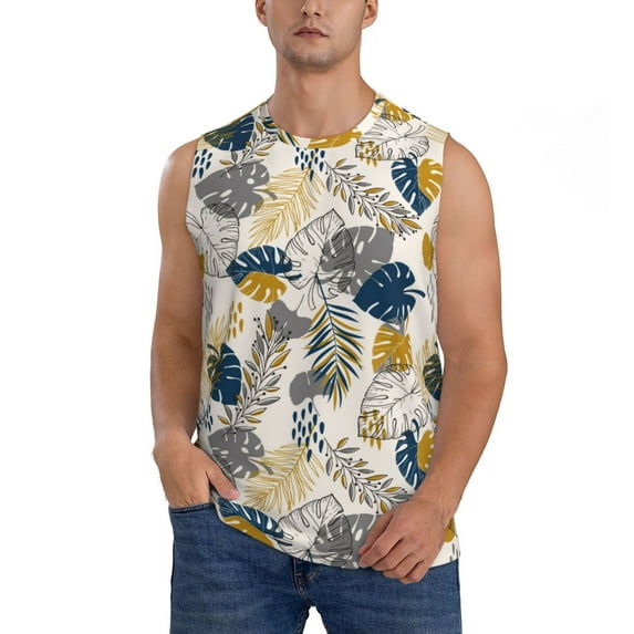Fotbe Men's Hawaiian Style Print Men's Sleeveless Muscle Tank Tops Casual T-Shirts for Gym Workout Beach-XX-Large