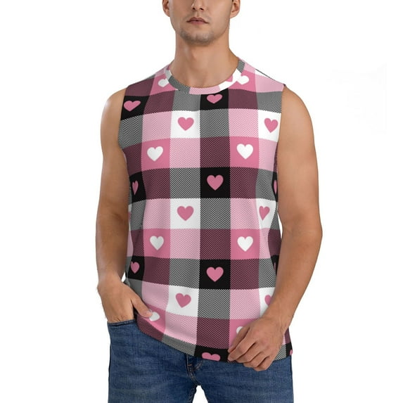 Fotbe Men's Heart Plaid Print Men's Sleeveless Muscle Tank Tops Casual T-Shirts for Gym Workout Beach-Small